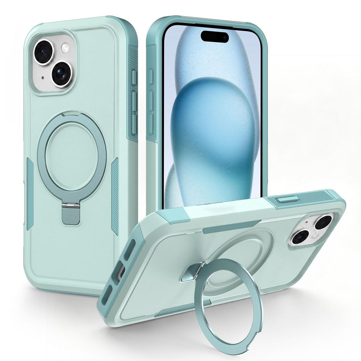 For iPhone 15 Plus Shockproof Protective TPU Hybrid PC Ring Holder Magnetic Phone Case - Cyan - EDA010211807F