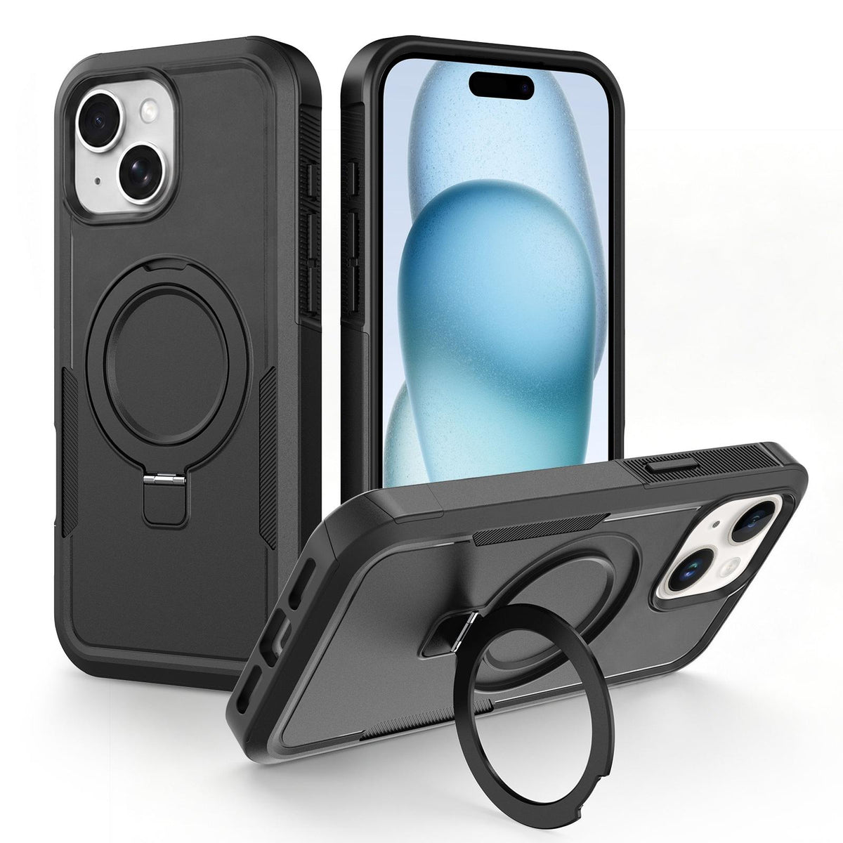 For iPhone 15 Plus Shockproof Protective TPU Hybrid PC Ring Holder Magnetic Phone Case - Black - EDA010211807H