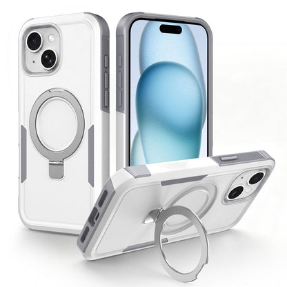 For iPhone 15 Shockproof Protective TPU Hybrid PC Ring Holder Magnetic Phone Case - White - EDA010211808B