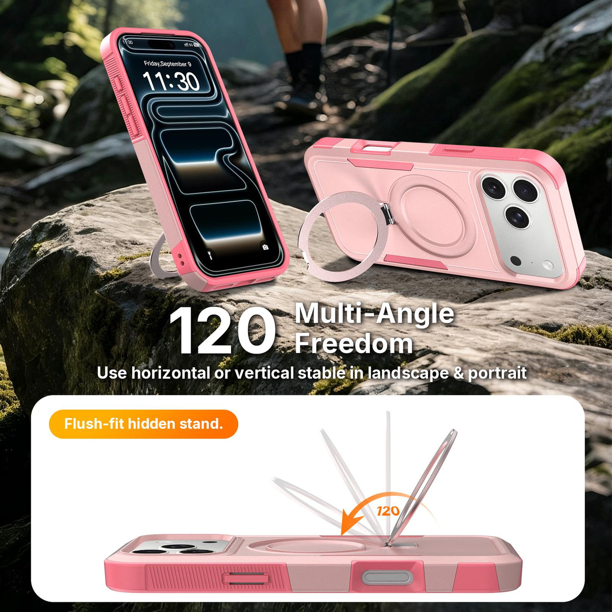 For iPhone 15 Shockproof Protective TPU Hybrid PC Ring Holder Magnetic Phone Case - Pink - EDA010211808C