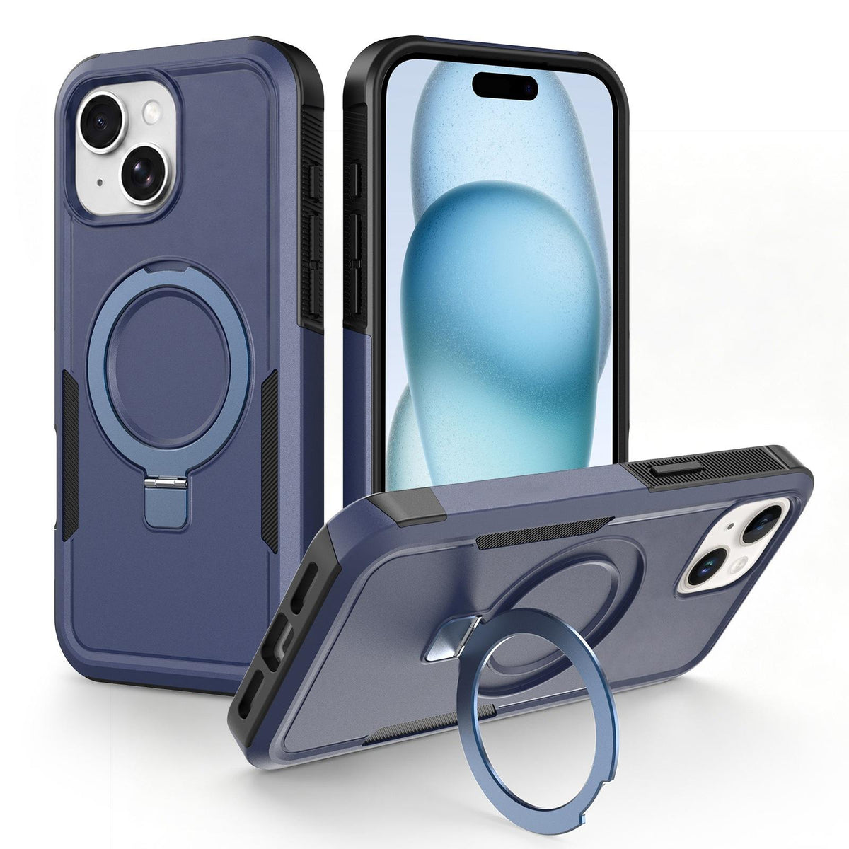 For iPhone 15 Shockproof Protective TPU Hybrid PC Ring Holder Magnetic Phone Case - Blue - EDA010211808G