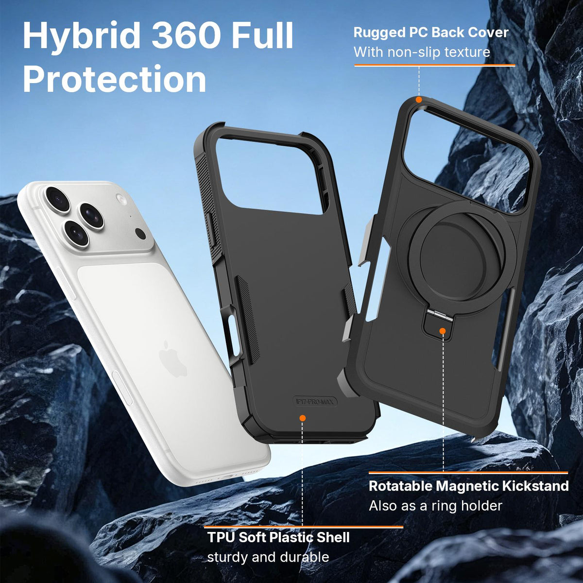 For iPhone 15 Shockproof Protective TPU Hybrid PC Ring Holder Magnetic Phone Case - Black - EDA010211808H