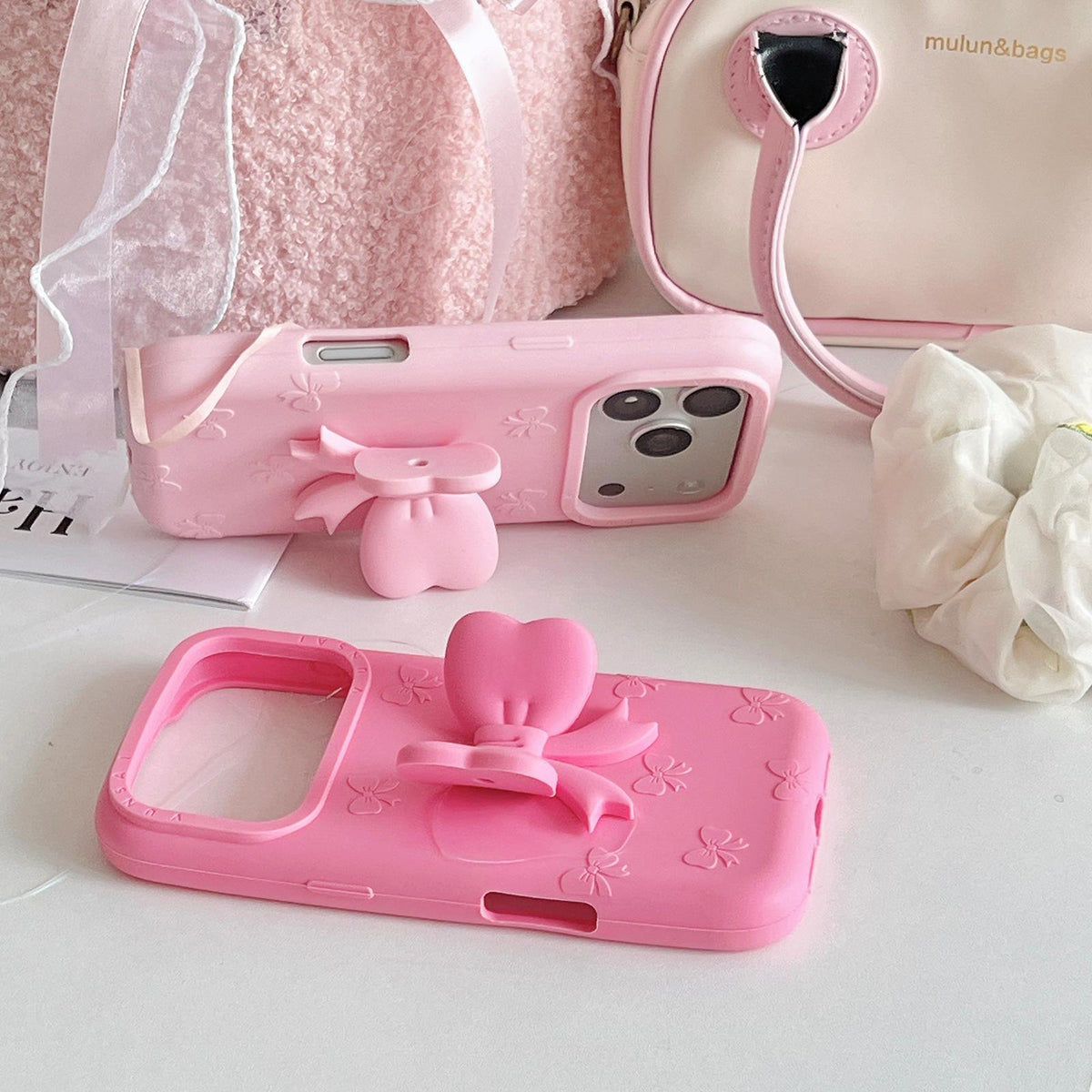 For iPhone 15 Plus Cute 3D Bow Silicone Phone Case - Rose Red - EDA010216910A
