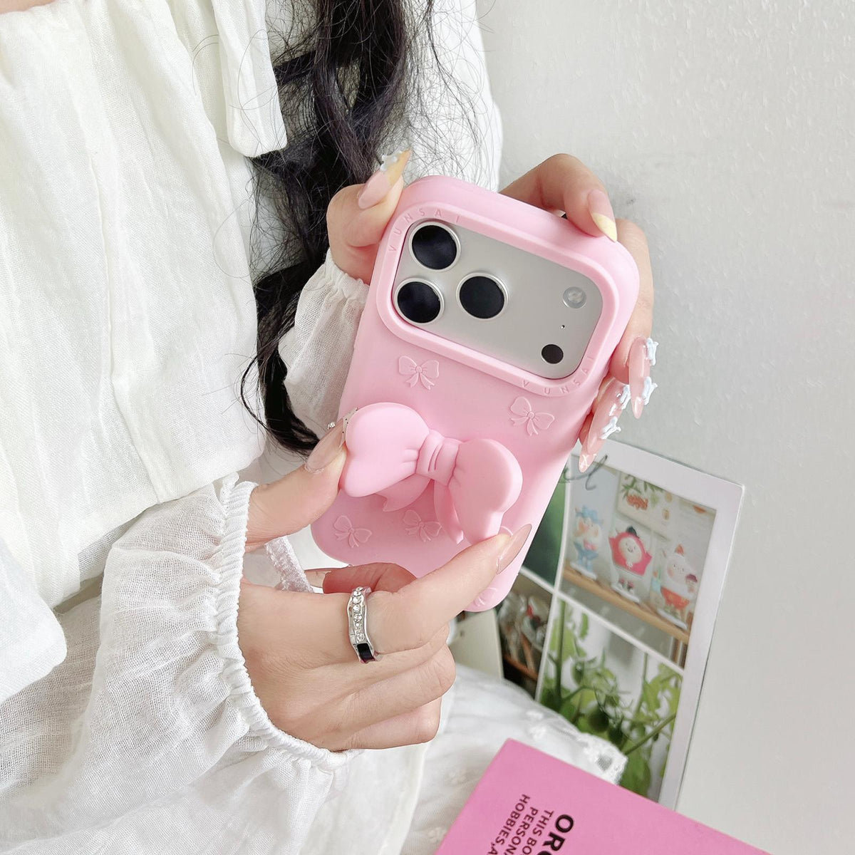 For iPhone 15 Cute 3D Bow Silicone Phone Case - Pink - EDA010216911B
