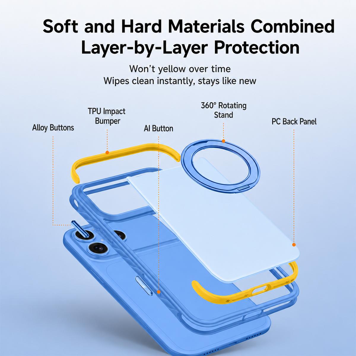 For iPhone 17 Pro Magnetic Shockproof Protective Phone Case with 360 Degree Rotating Holder - Blue - EDA010218003C
