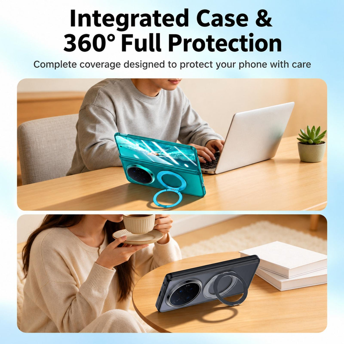 For vivo X Fold6 5G Intergrated Shell And Flim Skin Feel Magnetic Hinge Frosted Phone Case with 360 Rotating Holder - White - EDA010220201A
