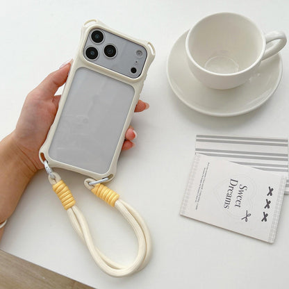 For iPhone 18 Pro Four-corners Lanyard Holes Acrylic Hybrid TPU Phone Case with Hand Strap - White - EDA010223401A