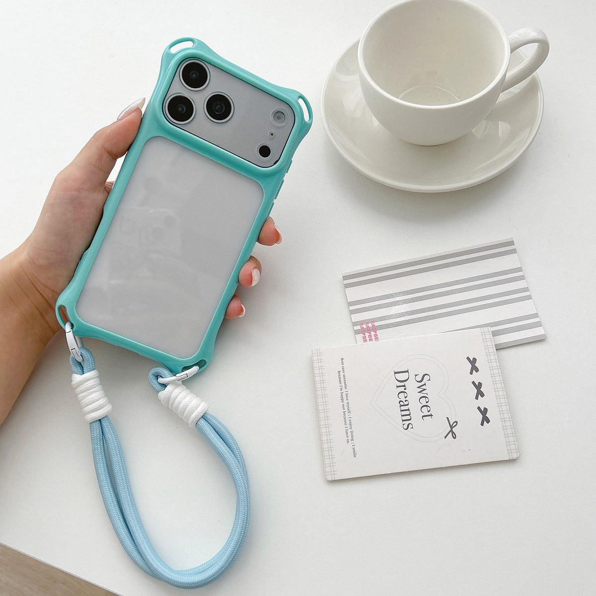 For iPhone 18 Pro Four-corners Lanyard Holes Acrylic Hybrid TPU Phone Case with Hand Strap - Lake Blue - EDA010223401B