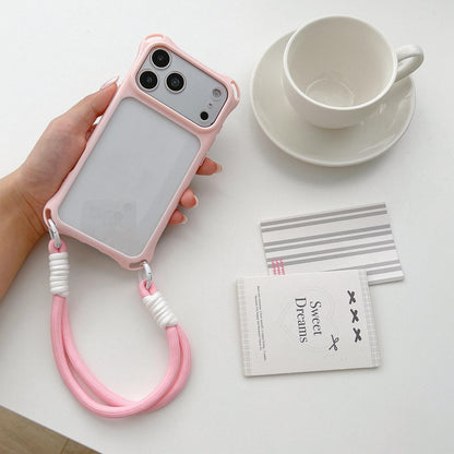 For iPhone 18 Pro Four-corners Lanyard Holes Acrylic Hybrid TPU Phone Case with Hand Strap - Light Pink - EDA010223401C