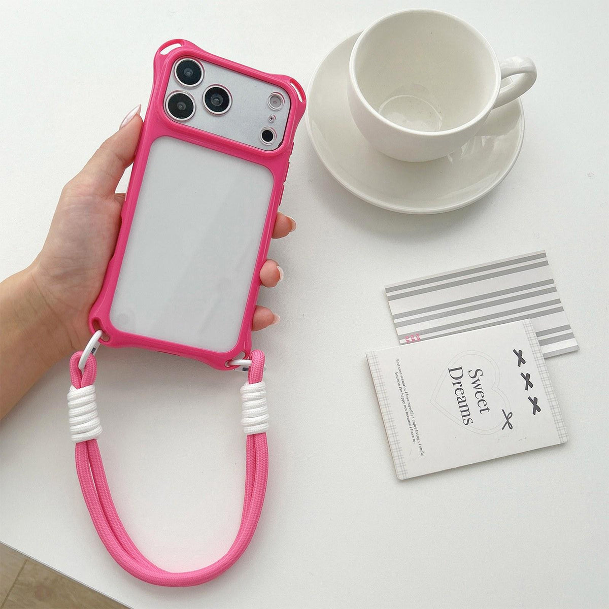 For iPhone 18 Pro Four-corners Lanyard Holes Acrylic Hybrid TPU Phone Case with Hand Strap - Rose Red - EDA010223401D