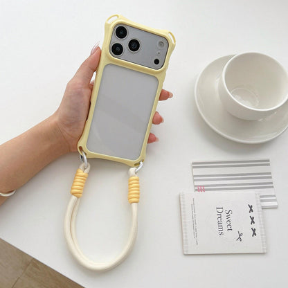 For iPhone 18 Pro Four-corners Lanyard Holes Acrylic Hybrid TPU Phone Case with Hand Strap - Yellow - EDA010223401E