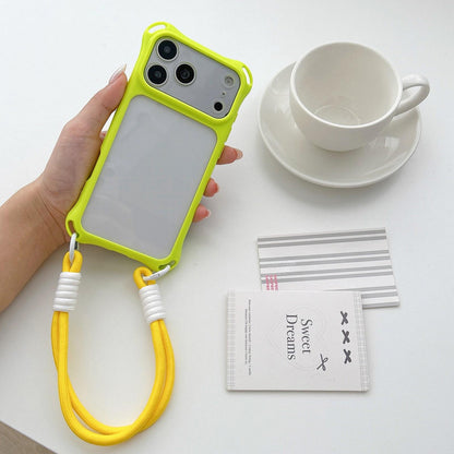 For iPhone 18 Pro Four-corners Lanyard Holes Acrylic Hybrid TPU Phone Case with Hand Strap - Lemon Green - EDA010223401F