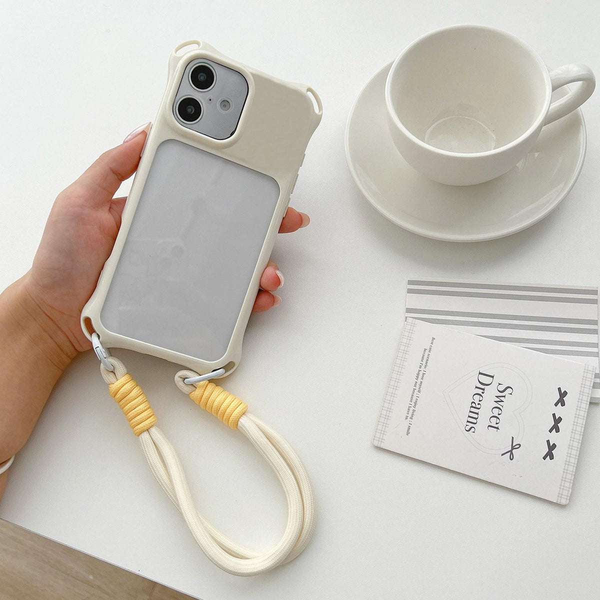 For iPhone 16 Four-corners Lanyard Holes Acrylic Hybrid TPU Phone Case with Hand Strap - White - EDA010223408A