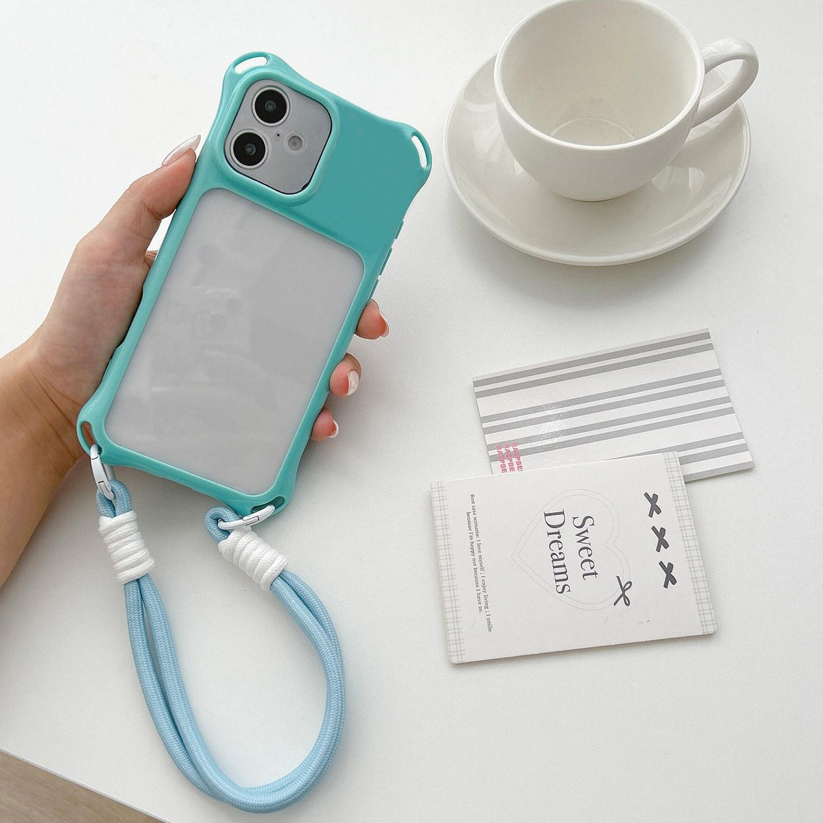 For iPhone 16 Four-corners Lanyard Holes Acrylic Hybrid TPU Phone Case with Hand Strap - Lake Blue - EDA010223408B