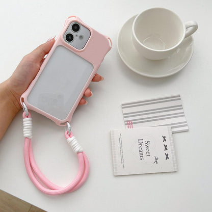 For iPhone 16 Four-corners Lanyard Holes Acrylic Hybrid TPU Phone Case with Hand Strap - Light Pink - EDA010223408C