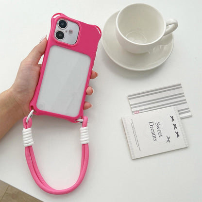 For iPhone 16 Four-corners Lanyard Holes Acrylic Hybrid TPU Phone Case with Hand Strap - Rose Red - EDA010223408D