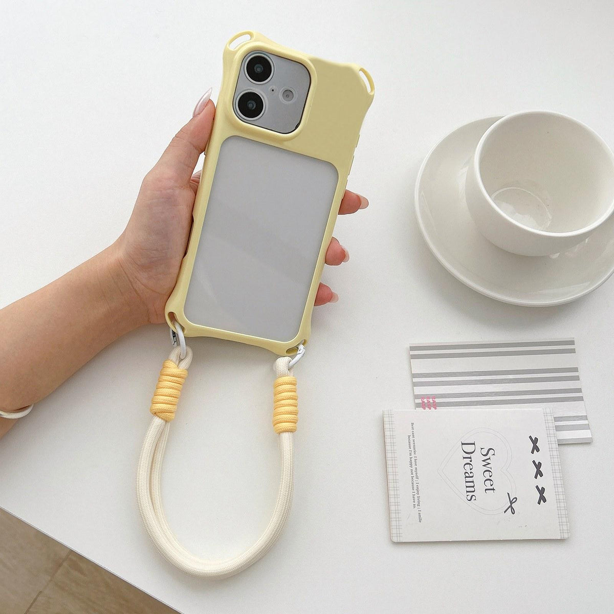 For iPhone 16 Four-corners Lanyard Holes Acrylic Hybrid TPU Phone Case with Hand Strap - Yellow - EDA010223408E