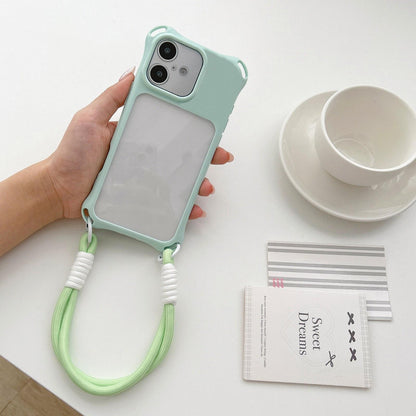 For iPhone 16 Four-corners Lanyard Holes Acrylic Hybrid TPU Phone Case with Hand Strap - Light Green - EDA010223408H