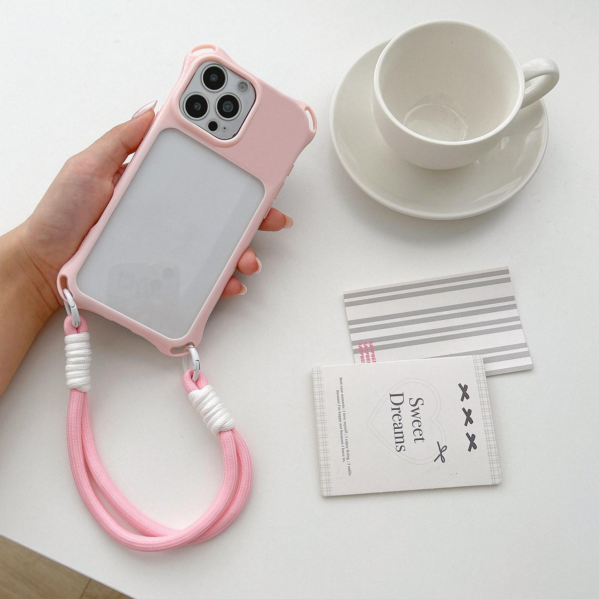 For iPhone 15 Pro Four-corners Lanyard Holes Acrylic Hybrid TPU Phone Case with Hand Strap - Light Pink - EDA010223410C