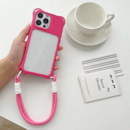 For iPhone 15 Pro Four-corners Lanyard Holes Acrylic Hybrid TPU Phone Case with Hand Strap - Rose Red - EDA010223410D