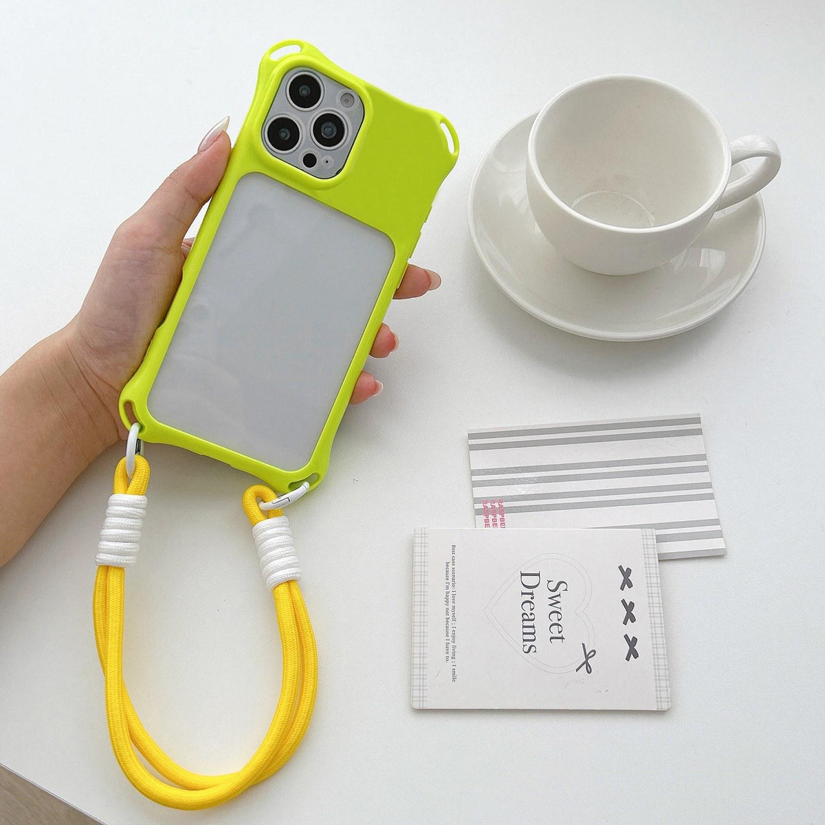 For iPhone 15 Pro Four-corners Lanyard Holes Acrylic Hybrid TPU Phone Case with Hand Strap - Lemon Green - EDA010223410F