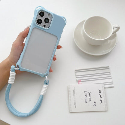 For iPhone 15 Pro Four-corners Lanyard Holes Acrylic Hybrid TPU Phone Case with Hand Strap - Light Blue - EDA010223410G