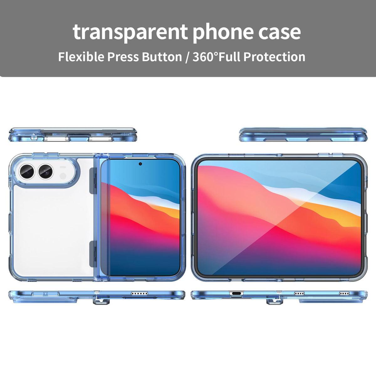 For iPhone Duo PC Hybrid TPU Airbag Folding Center Axis Phone Case - Transparent Blue - EDA010226101B