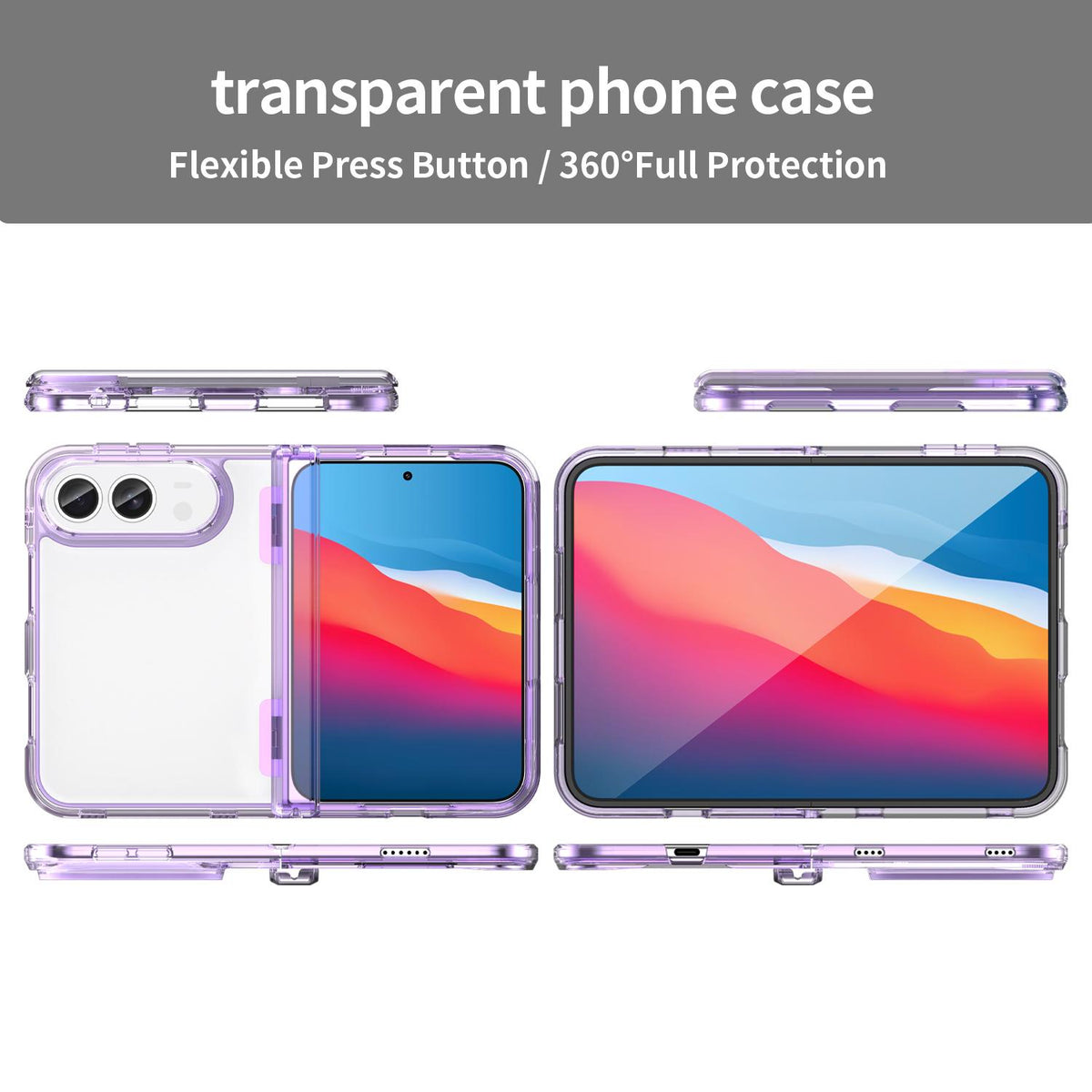 For iPhone Duo PC Hybrid TPU Airbag Folding Center Axis Phone Case - Transparent Purple - EDA010226101D