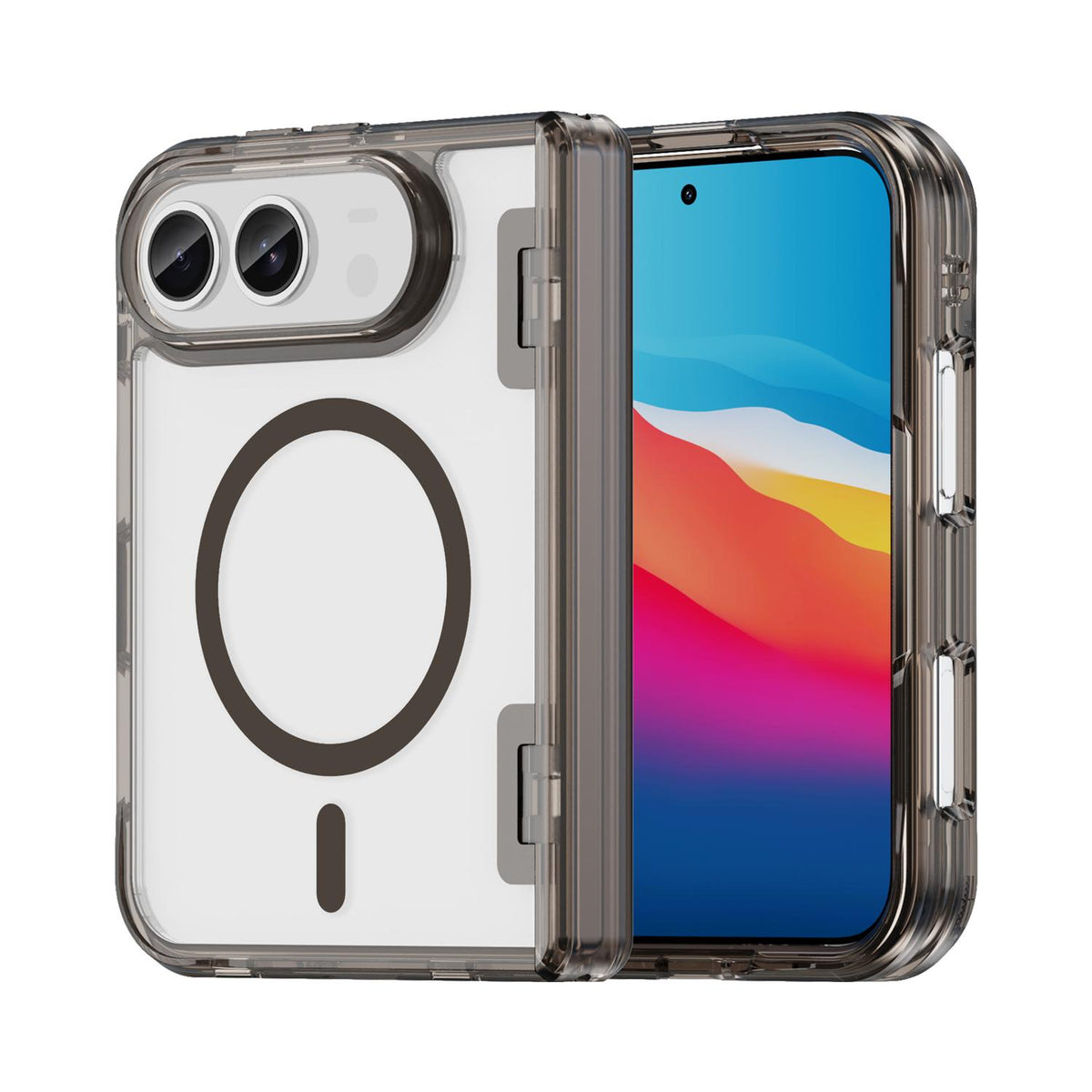 For iPhone Duo PC Hybrid TPU Airbag Folding Center Axis Magnetic Phone Case - Transparent Black - EDA010226301A
