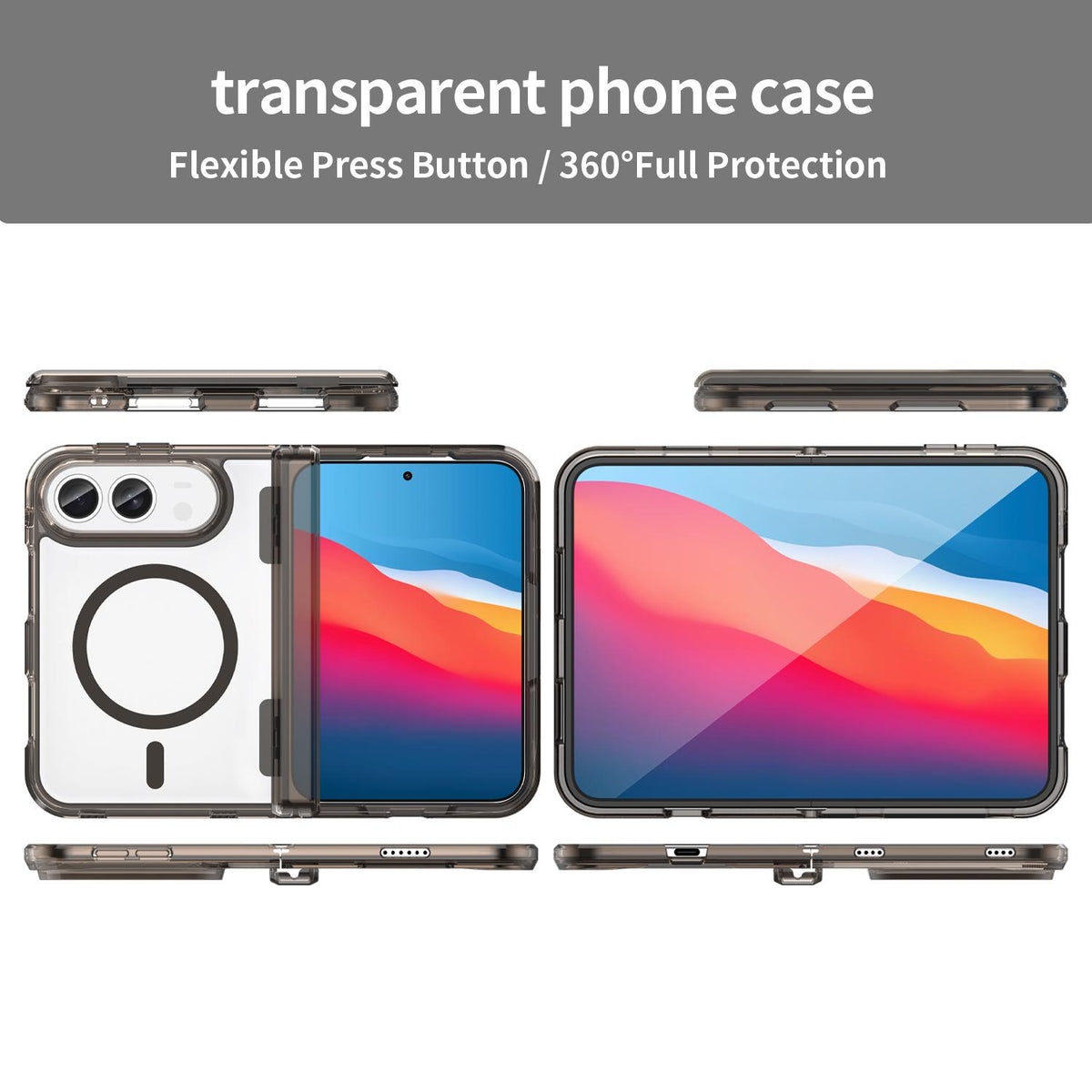 For iPhone Duo PC Hybrid TPU Airbag Folding Center Axis Magnetic Phone Case - Transparent Black - EDA010226301A
