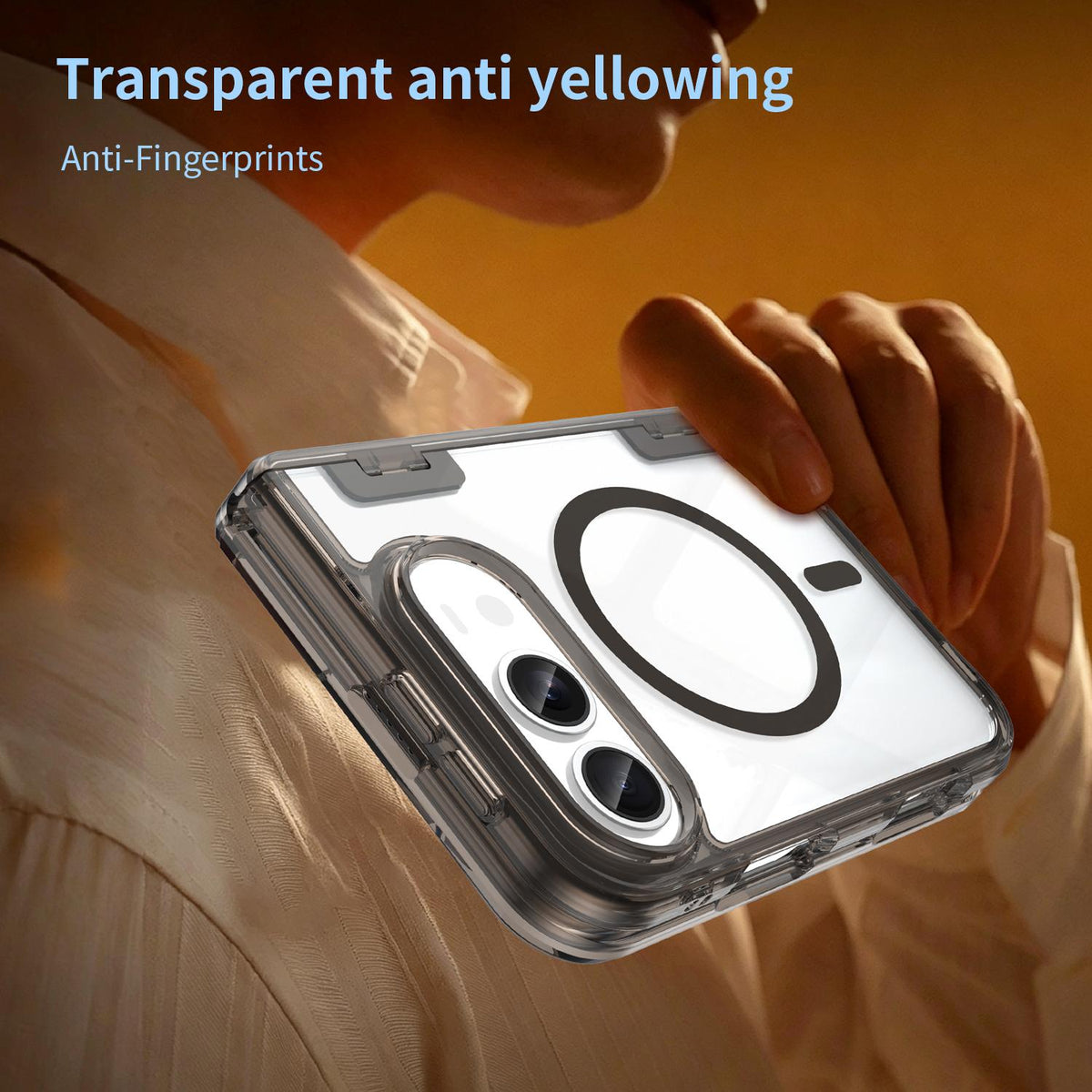 For iPhone Duo PC Hybrid TPU Airbag Folding Center Axis Magnetic Phone Case - Transparent Black - EDA010226301A