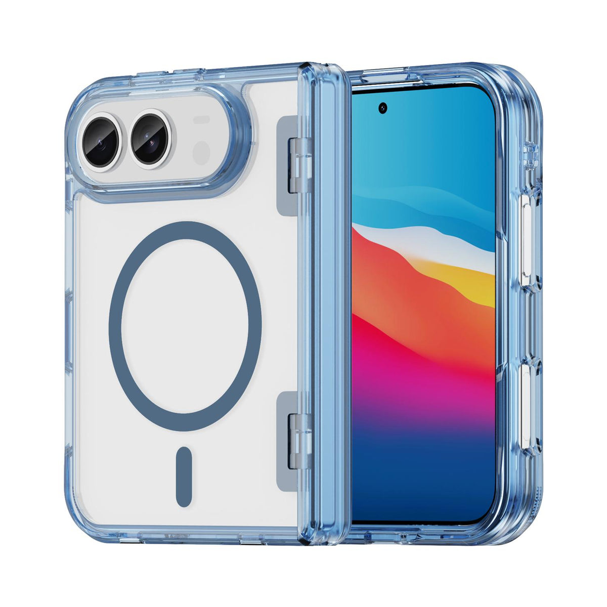 For iPhone Duo PC Hybrid TPU Airbag Folding Center Axis Magnetic Phone Case - Transparent Blue - EDA010226301B