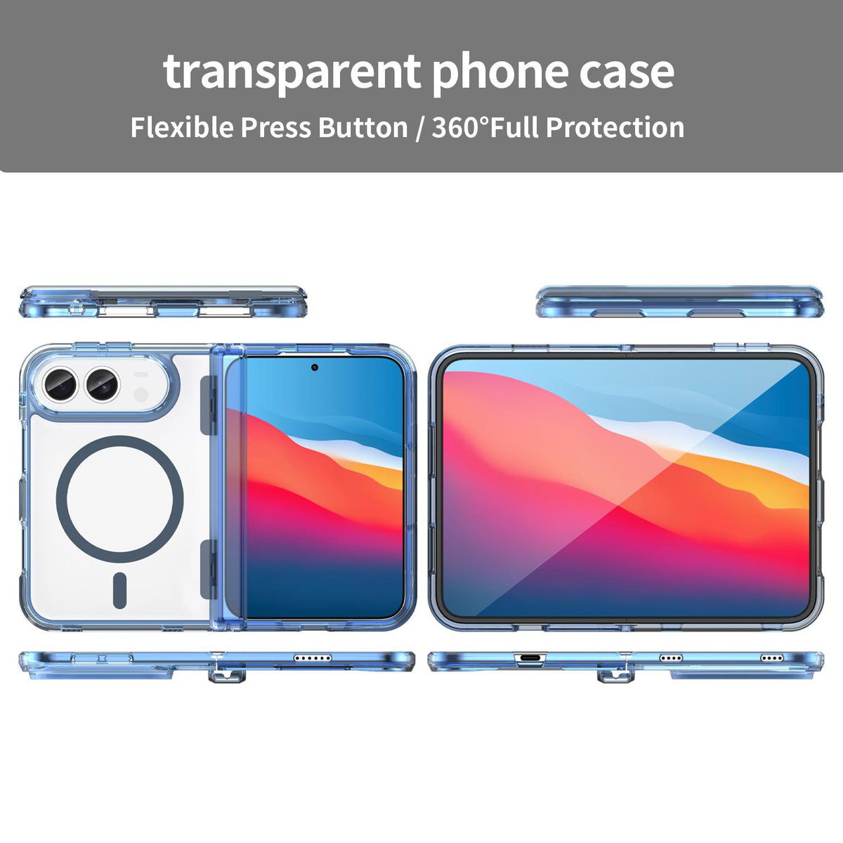 For iPhone Duo PC Hybrid TPU Airbag Folding Center Axis Magnetic Phone Case - Transparent Blue - EDA010226301B