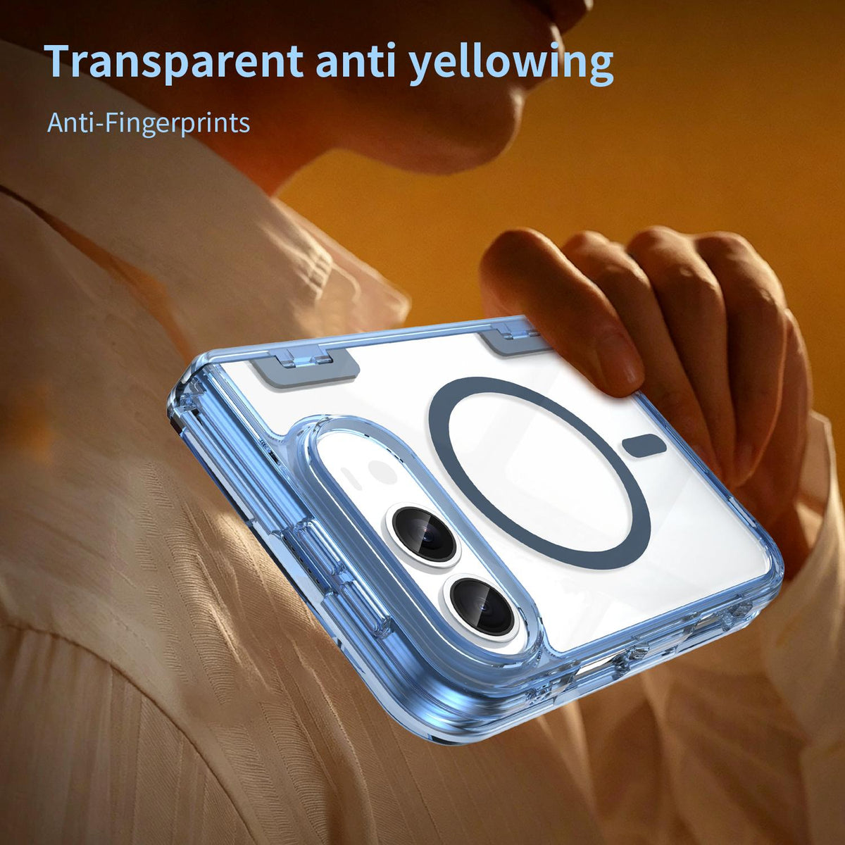 For iPhone Duo PC Hybrid TPU Airbag Folding Center Axis Magnetic Phone Case - Transparent Blue - EDA010226301B