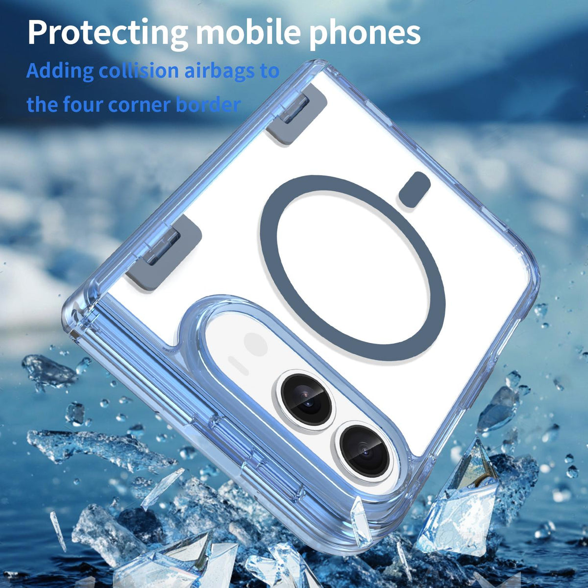 For iPhone Duo PC Hybrid TPU Airbag Folding Center Axis Magnetic Phone Case - Transparent Blue - EDA010226301B