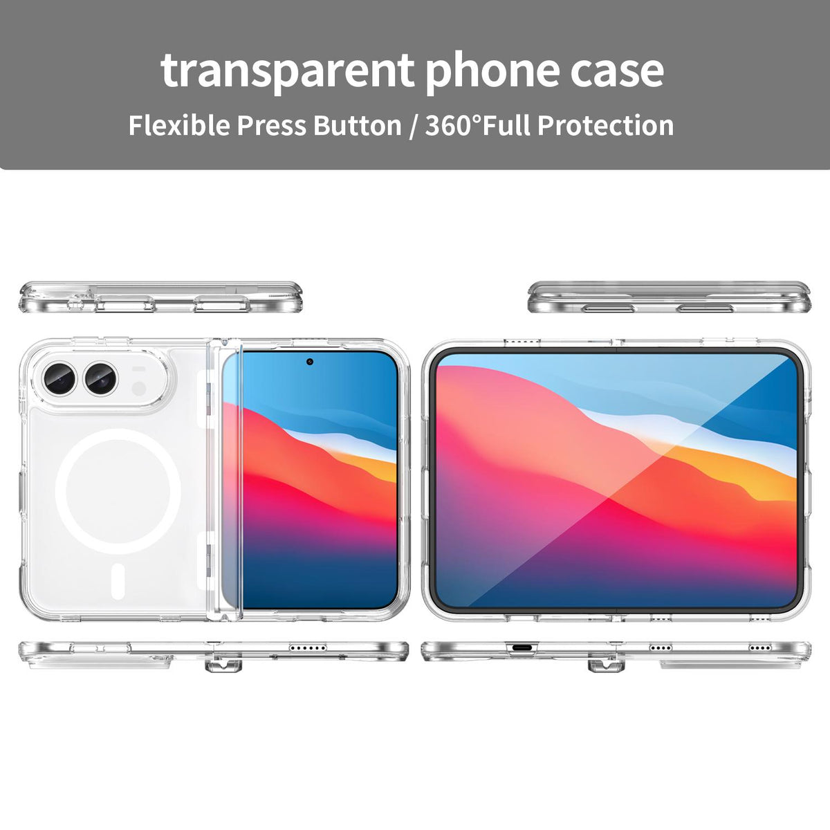 For iPhone Duo PC Hybrid TPU Airbag Folding Center Axis Magnetic Phone Case - Transparent - EDA010226301C