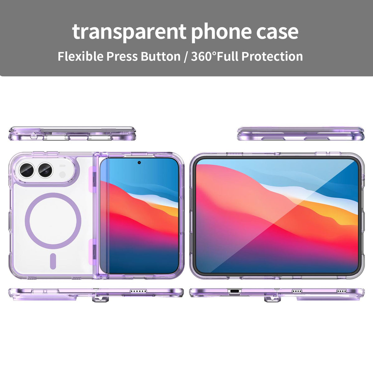 For iPhone Duo PC Hybrid TPU Airbag Folding Center Axis Magnetic Phone Case - Transparent Purple - EDA010226301D