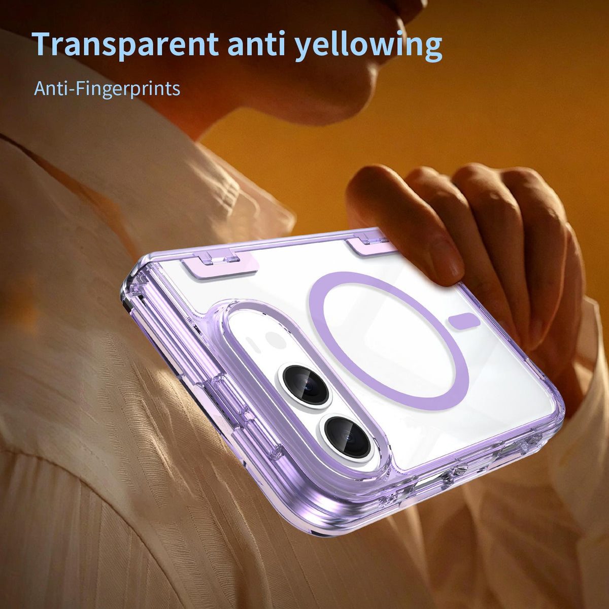 For iPhone Duo PC Hybrid TPU Airbag Folding Center Axis Magnetic Phone Case - Transparent Purple - EDA010226301D