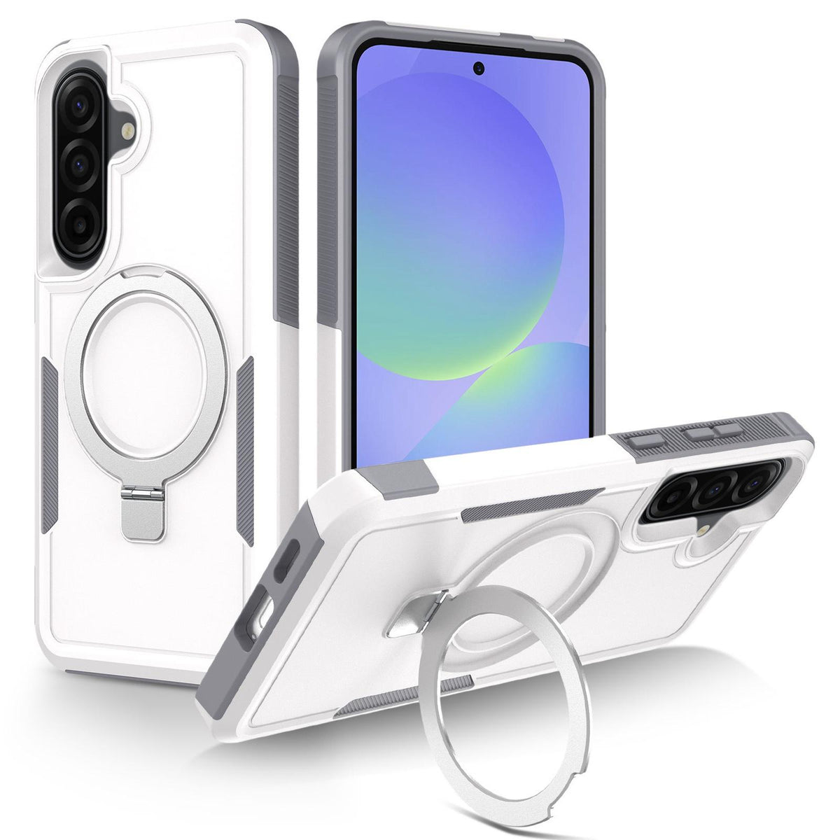 For Galaxy A36 5G Shockproof Protective TPU Hybrid PC Ring Holder Magnetic Phone Case - White - EDA010227807D