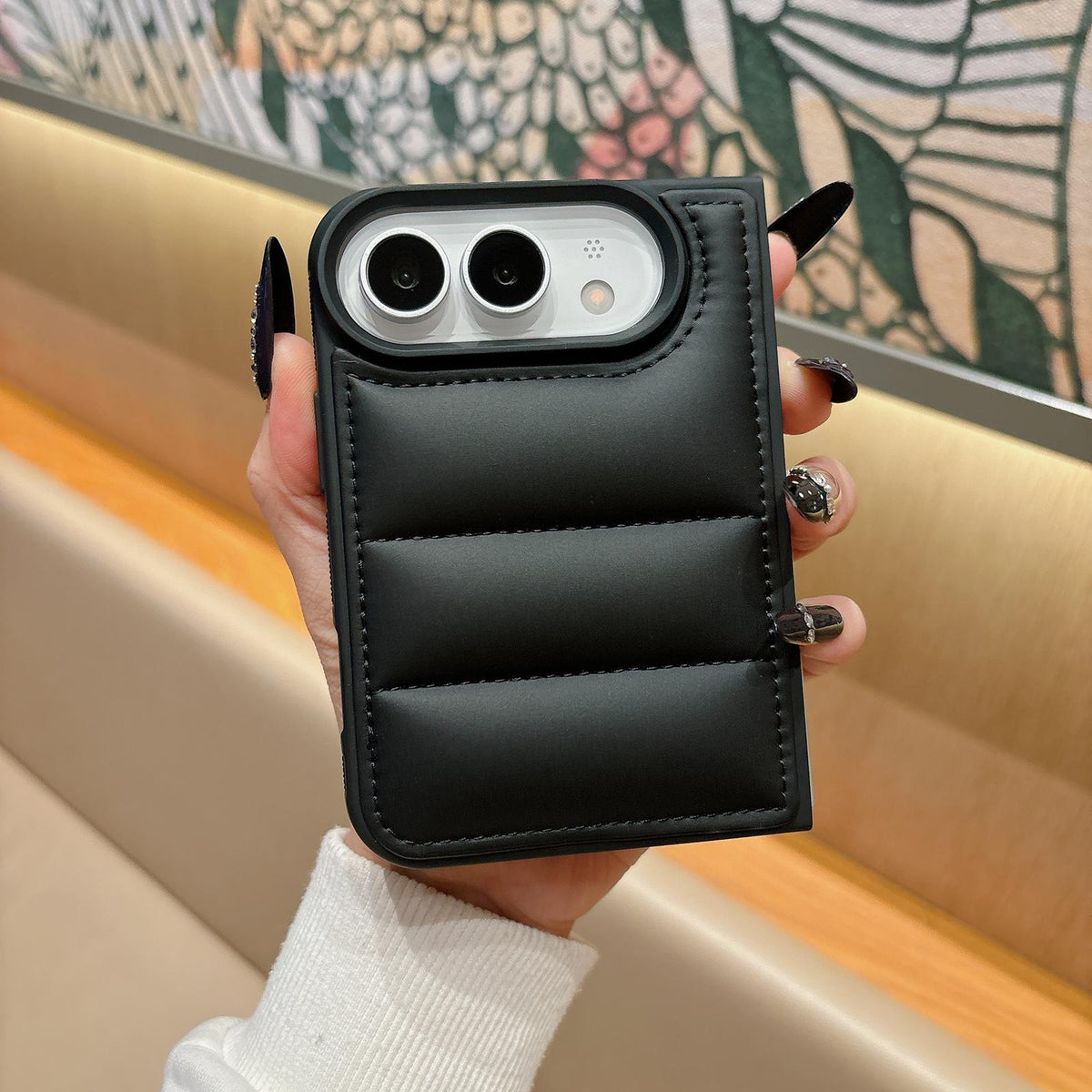 For iPhone Duo Cotton Filling Down Jacket Folding Phone Case - Black - EDA010230401A