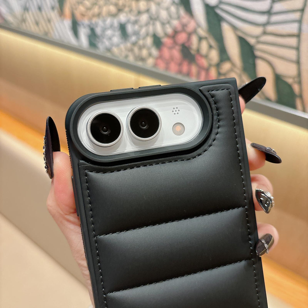 For iPhone Duo Cotton Filling Down Jacket Folding Phone Case - Black - EDA010230401A