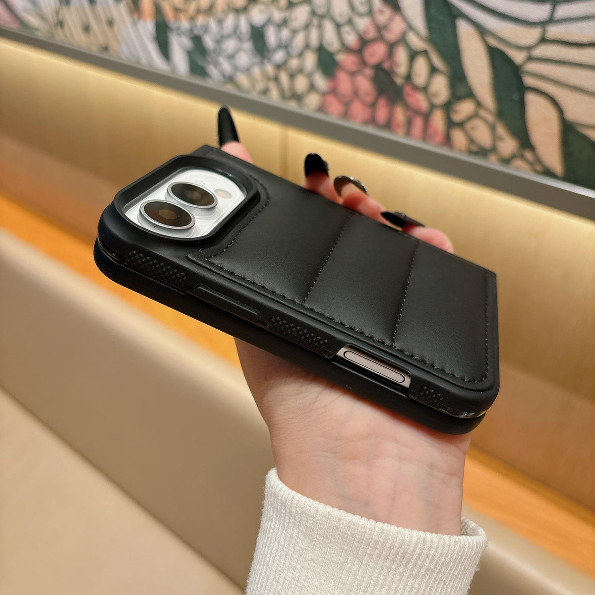 For iPhone Duo Cotton Filling Down Jacket Folding Phone Case - Black - EDA010230401A