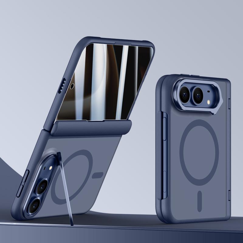 For iPhone Duo Shield Armor Series Integrated Privacy Film Matte Frosted Full Coverage Magnetic Phone Case with Lens Holder - Navy Blue - EDA010232401B