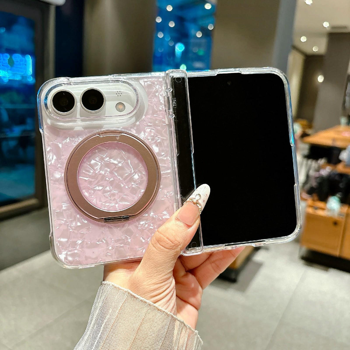 For iPhone Duo Axial Magnetic Shell Pattern Phone Case with 360 Holder - Pink - EDA010232501A