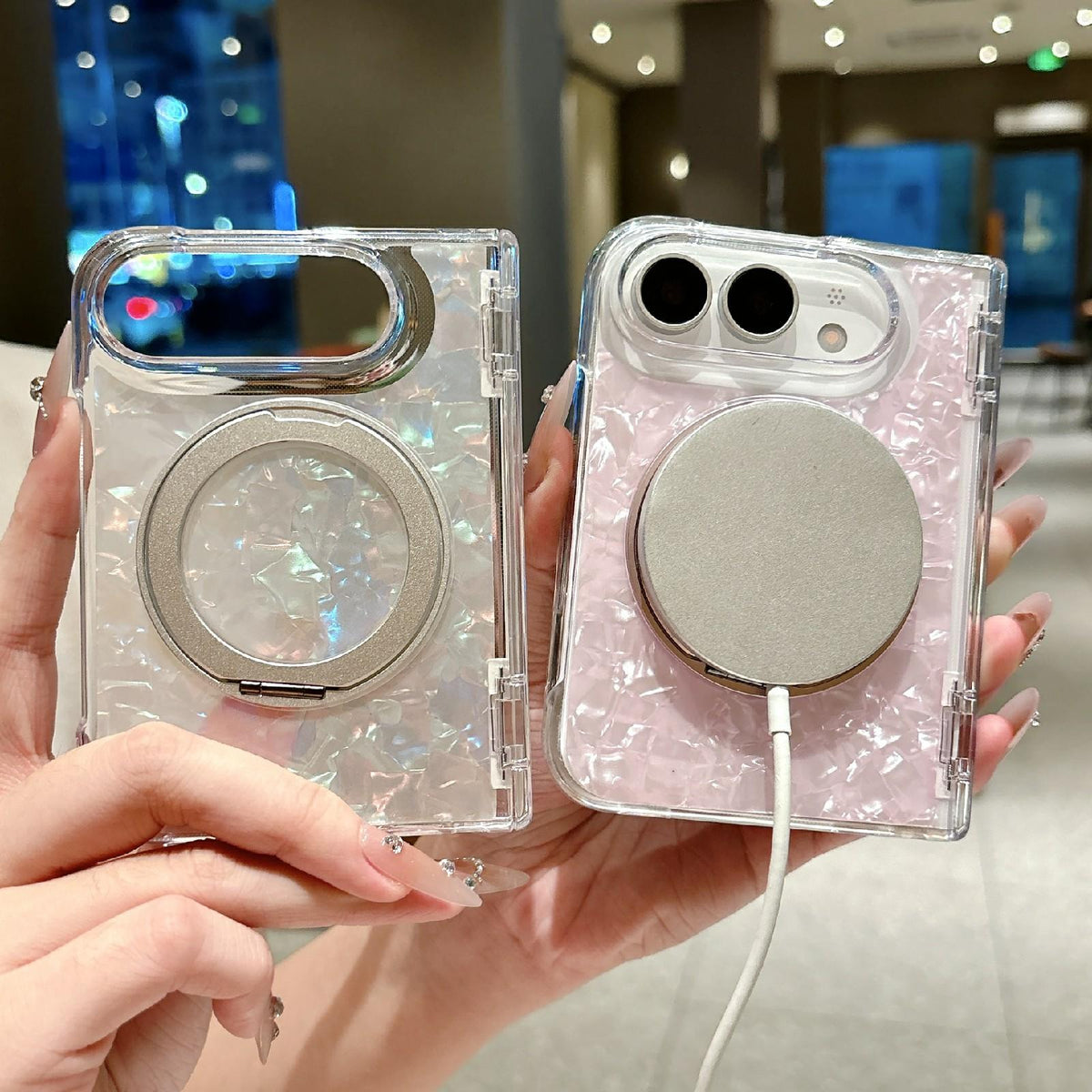For iPhone Duo Axial Magnetic Shell Pattern Phone Case with 360 Holder - Pink - EDA010232501A