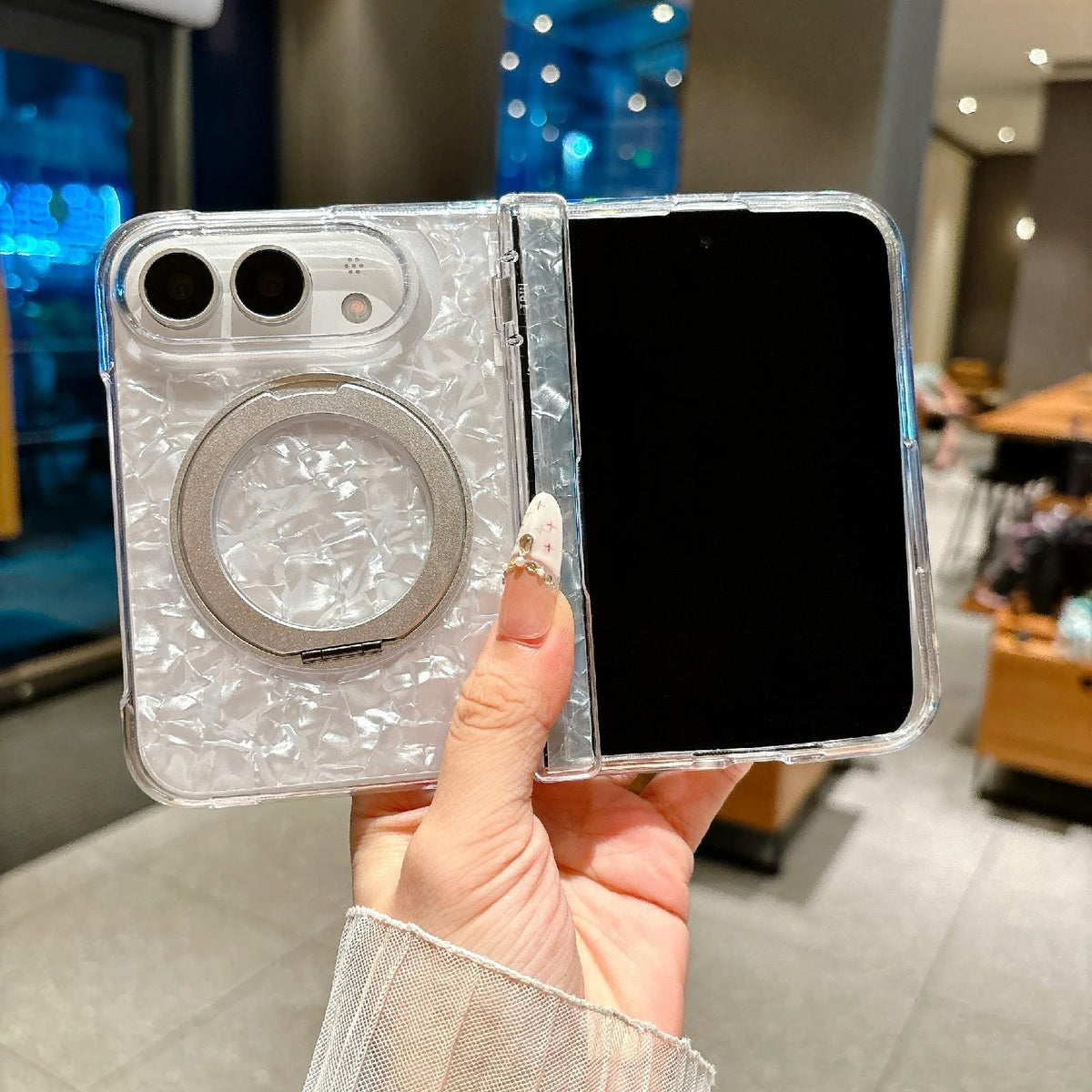 For iPhone Duo Axial Magnetic Shell Pattern Phone Case with 360 Holder - White - EDA010232501B
