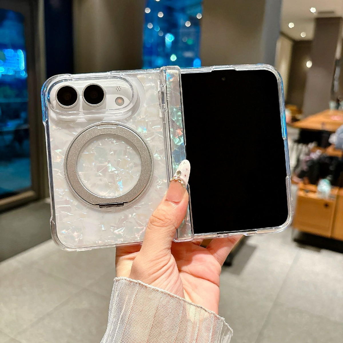 For iPhone Duo Axial Magnetic Shell Pattern Phone Case with 360 Holder - Silver - EDA010232501C