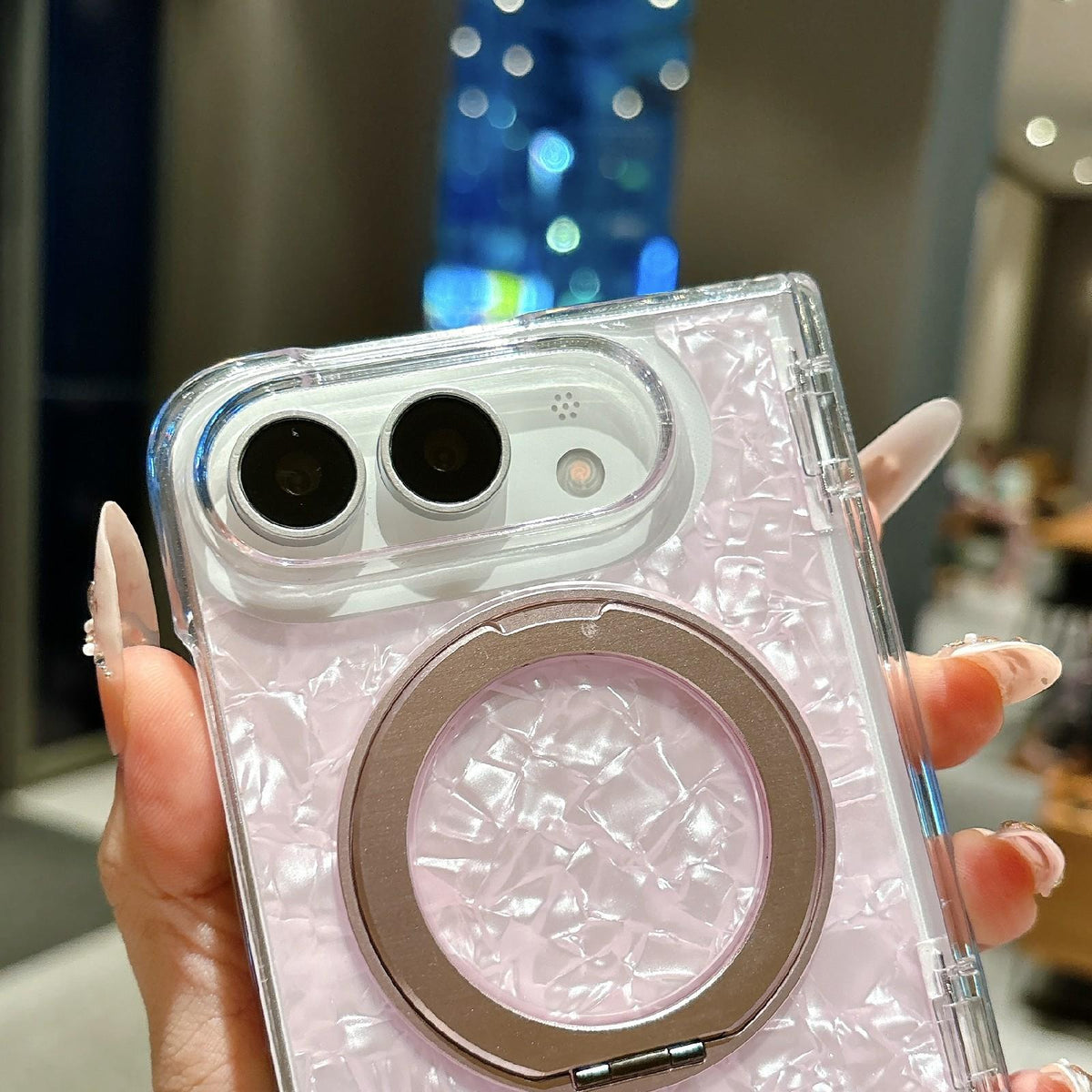 For iPhone Duo Axial Magnetic Shell Pattern Phone Case with 360 Holder - Silver - EDA010232501C