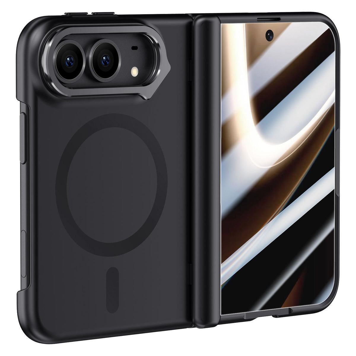 For iPhone Duo Crazy Series Integrated HD Film Skin Feel Center Axis Magnetic Phone Case with Lens Holder - Black - EDA010234001A