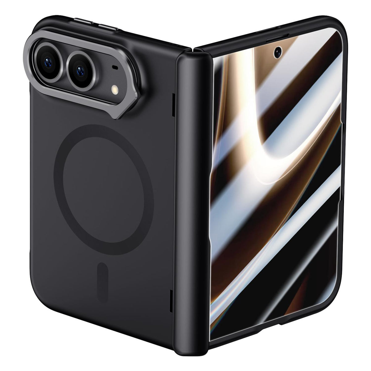 For iPhone Duo Crazy Series Integrated HD Film Skin Feel Center Axis Magnetic Phone Case with Lens Holder - Black - EDA010234001A
